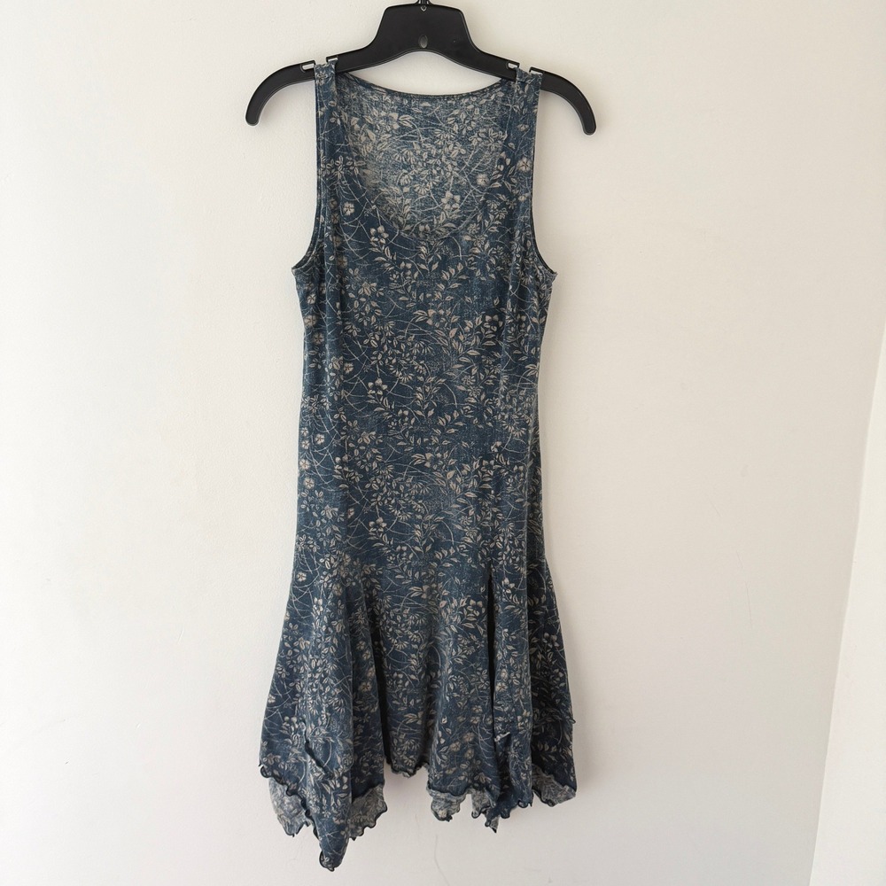 Ralph Lauren Floral Handkerchief Hem Midi Dress Blue Cotton Sleeveless READ